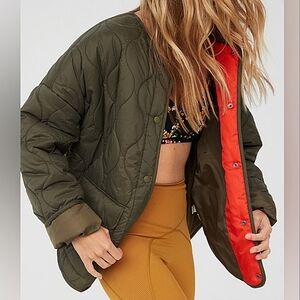 Aerie Olive Green Quilted Jacket with Red Lining